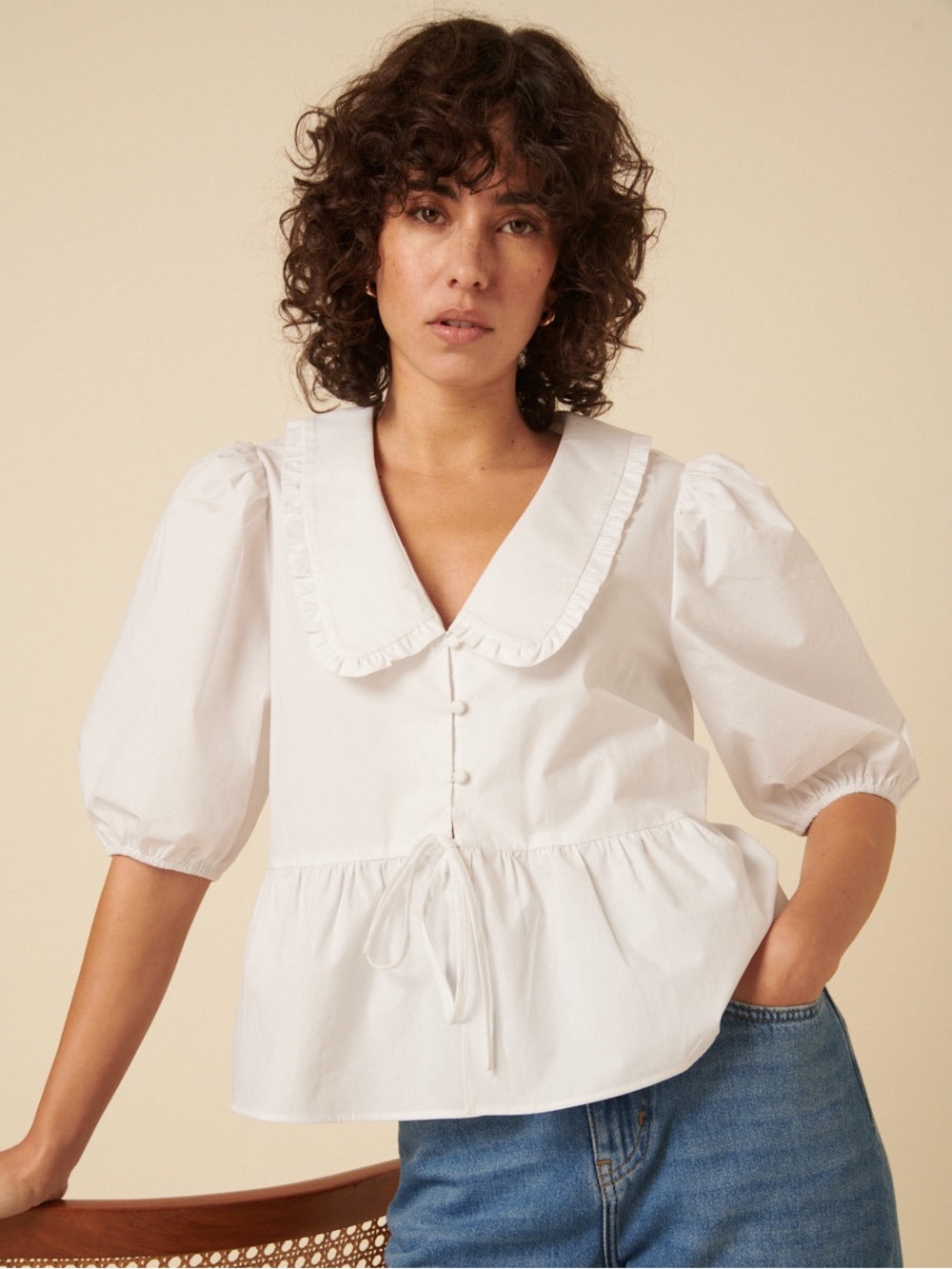 Nobody’s Child White Ruffled Collar Peplum Blouse Cotton